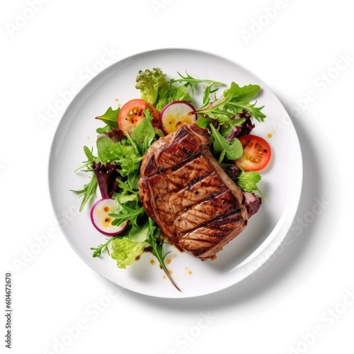 Delicious Grilled Steak and Salad on a White Background Generative AI photo