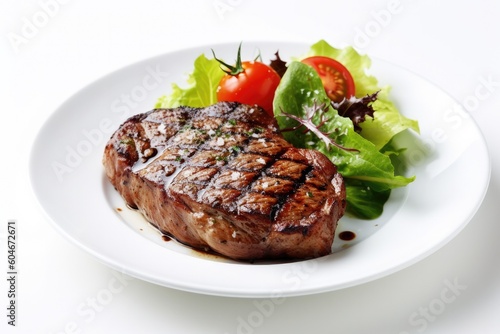 Delicious Grilled Steak and Salad on a White Background Generative AI