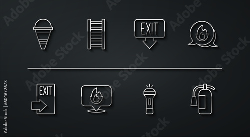 Set line Fire cone bucket, exit, Emergency call, Flashlight, Location with fire flame, escape, extinguisher and icon. Vector