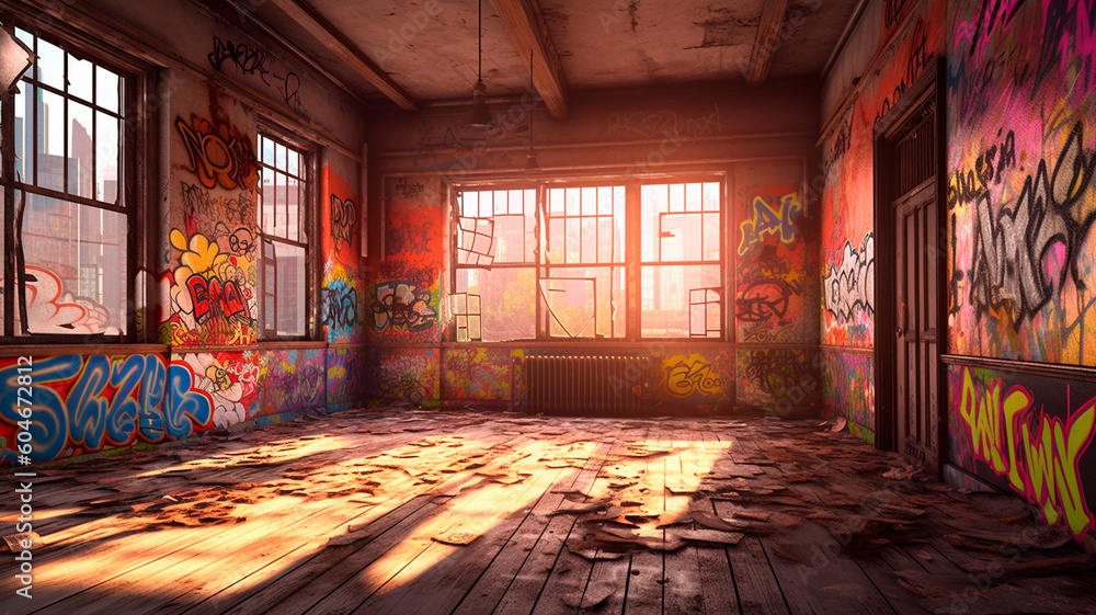 a run down building with graffiti on the walls and windows and a broken ...