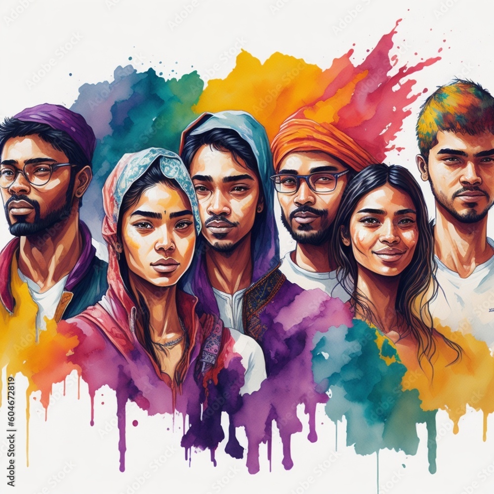 Watercolor illustration with young people of various ethnicities celebrating youth day #15. Generated ai