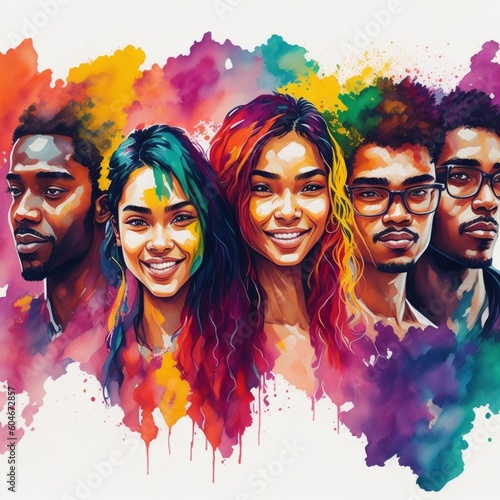 Watercolor illustration with young people of various ethnicities celebrating youth day #14. Generated ai