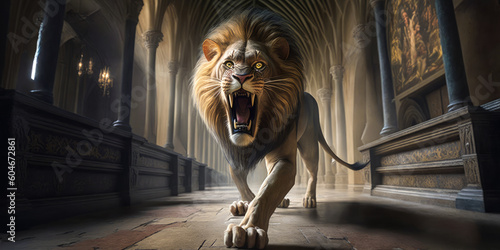 Majestic lion in a Gothic cathedral's central aisle, inspiring awe through a fusion of wildlife and sacred architecture. Generative AI