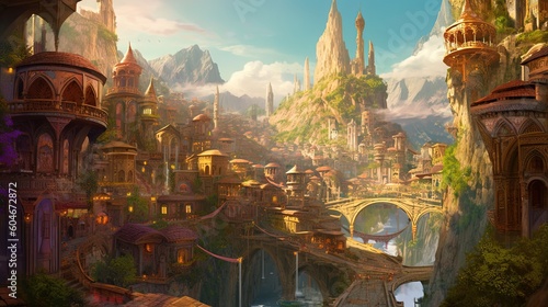 illustration scenery of fairytale elven village on mountain cliff, Generative Ai