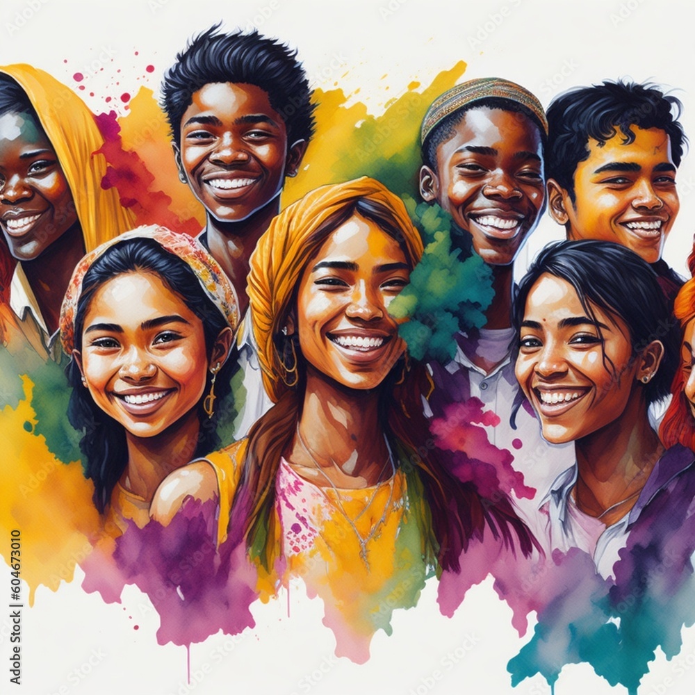Watercolor illustration with young people of various ethnicities celebrating youth day #11. Generated ai
