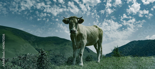 Vaca en las montañas: Imagen espectacular de la naturaleza, paisaje rural, vaca pastando, montañas verdes, belleza campestre, tranquilidad, serenidad, idilio rural, conexión con la naturaleza, escena 