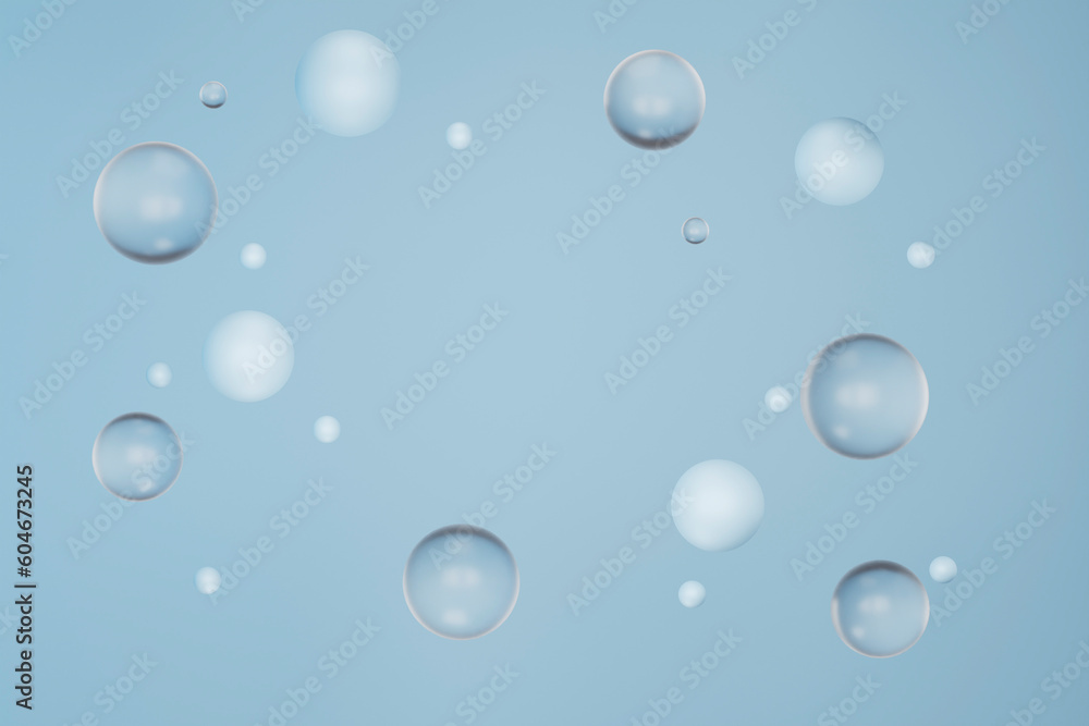 glass bubbles floating against blue background with empty space for text, 3d render
