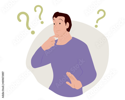 Make Choice, Decision Concept. Puzzled Business Man Setting Priorities, Doubting, Deciding. Questioned Employee Thinking, Analysing Options. Flat vector illustration isolated on white background