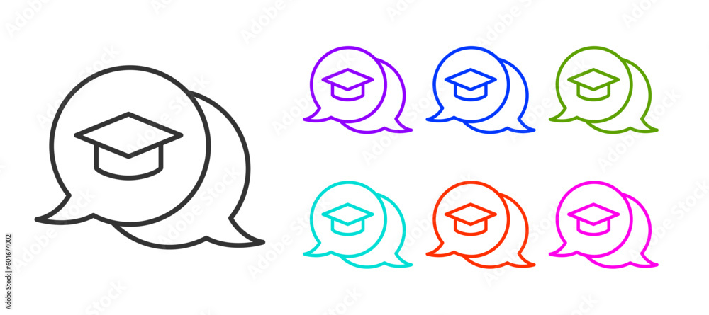 Black line Graduation cap in speech bubble icon isolated on white background. Graduation hat with tassel icon. Set icons colorful. Vector