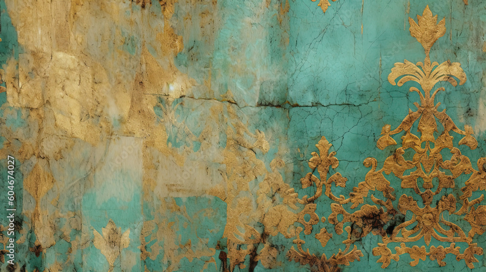 Distressed painted antique wall in turquoise and gold, golden shiny rococo ornaments. Beautiful distressed luxury vintage surface. Generative Ai.