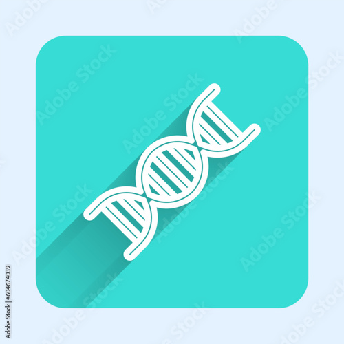 White line DNA symbol icon isolated with long shadow. Green square button. Vector
