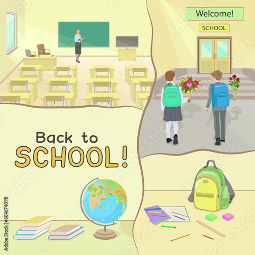 September 1, the beginning of school, children with flowers, a class with a teacher, a globe, books, notebooks. Concept - gaining knowledge - breadth of horizons - the world. Vector illustration.