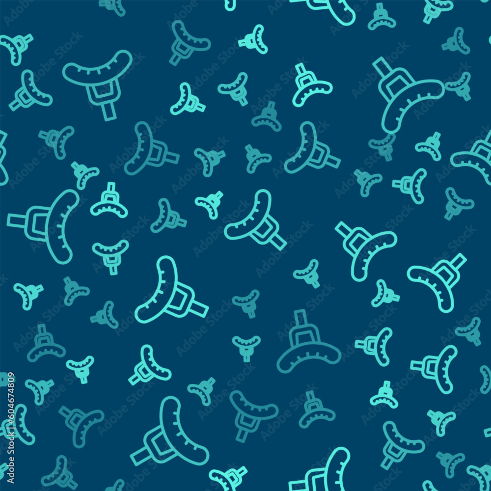 Green line Sausage on the fork icon isolated seamless pattern on blue background. Grilled sausage and aroma sign. Vector Green line Sausage on the fork icon isolated seamless pattern on blue background. Grilled sausage and aroma sign. Vector
