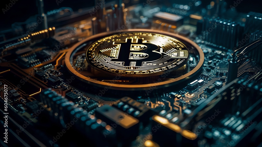 abstract representation of a Bitcoin mining process, Visualized with a macro lens, using high contrast and metallic colors to symbolize the creation of digital currency abstract representation of a Bitcoin mining process, Visualized with a macro lens, using high contrast and metallic colors to symbolize the creation of digital currency