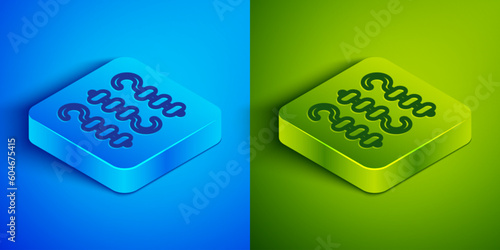 Isometric line Grilled shish kebab on skewer stick icon isolated on blue and green background. Meat kebab on skewer stick. Picnic with grilled meat. Square button. Vector