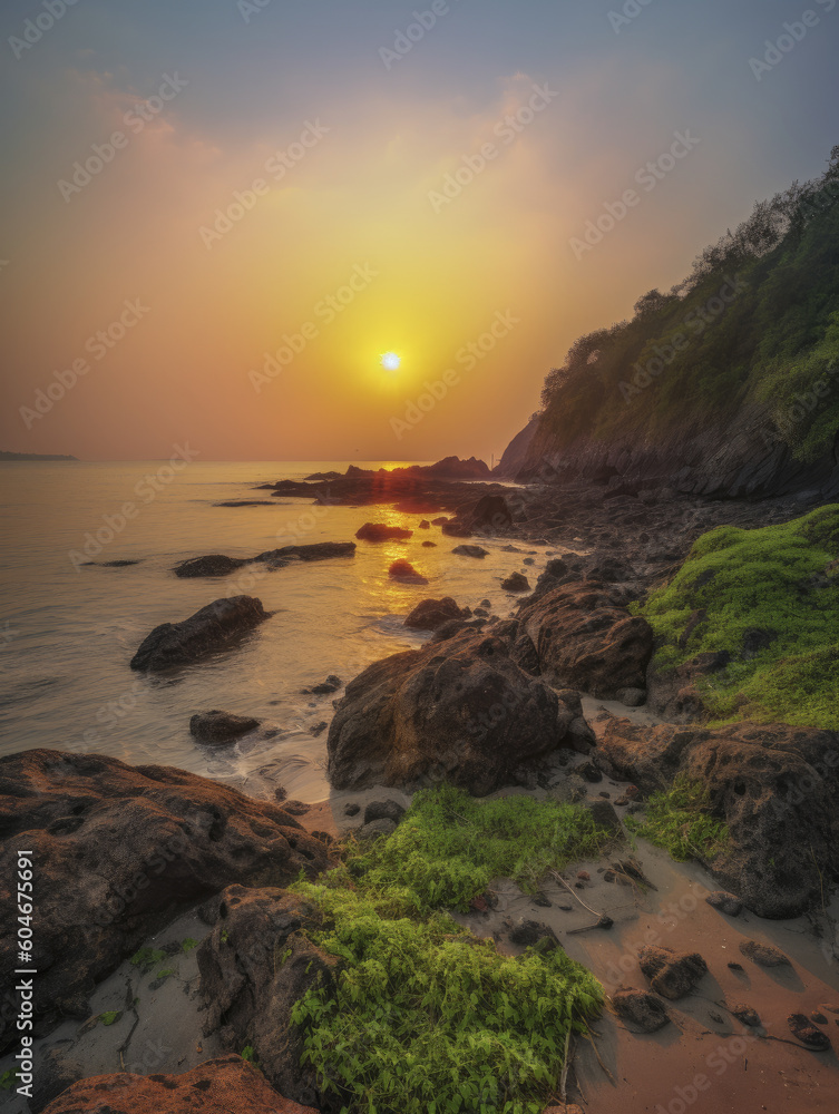Dreamy Sunset on the Sea background landscape. Tropical view with warm sunlight. Beautiful realistic highly detailed nature scene. Generative AI