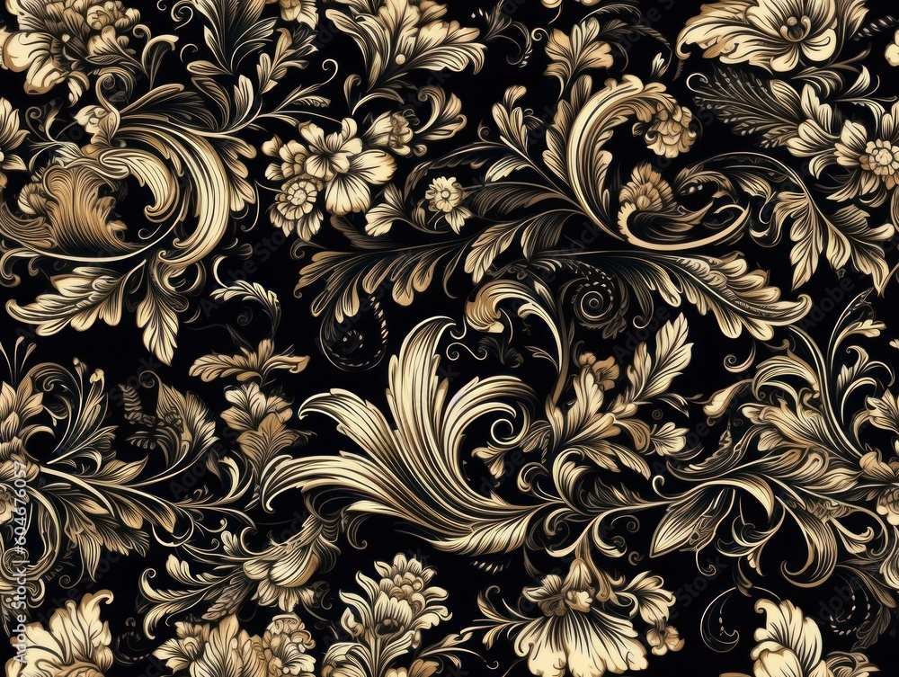 Seamless pattern Royal vintage Victorian Gothic background Rococo venzel and whorl created with Generative AI technology. - obrazy, fototapety, plakaty 