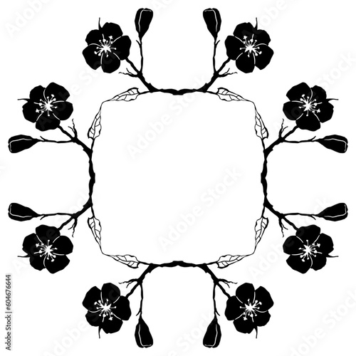 Square floral frame with blooming branches of apricot blossom. Black and white silhouette.