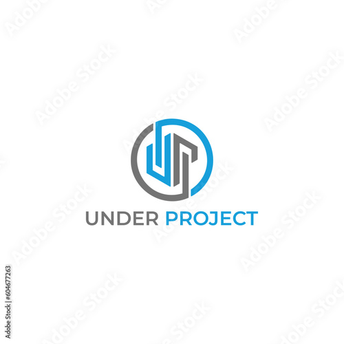 Abstract initial letter UP or PU logo in grey and blue color isolated in white background. Initial logo PU, UP, U, and P inside rounded letter negative space logo grey and blue color.