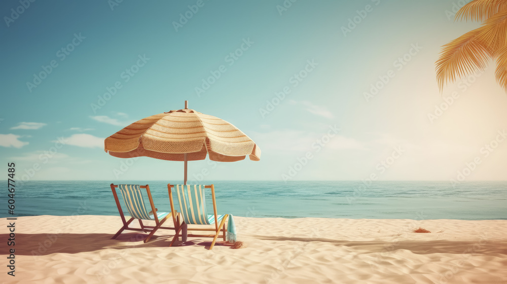 fondo de playa con sombrilla y sillas frente al mar, concepto de vacaciones. ilustracion ia generativa - obrazy, fototapety, plakaty 