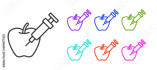 Black line Genetically modified apple icon isolated on white background. GMO fruit. Syringe being injected to apple. Set icons colorful. Vector