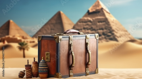 concepto de vacaciones y viajes, maleta sobre fondo de piramides. .ilustración de ia generativa photo