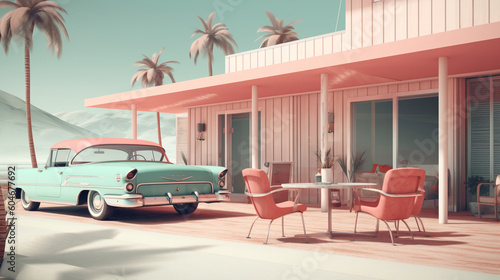 Car sitting in front a pink house. Poster inspired in 50¨s decade. Vintage scene. Image Generative AI