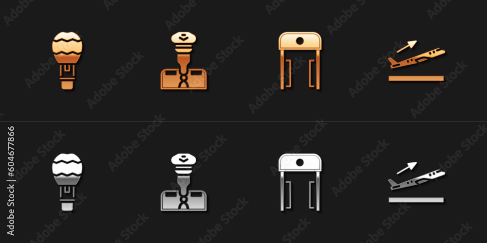 Set Hot air balloon, Pilot, Metal detector in airport and Plane takeoff icon. Vector Set Hot air balloon, Pilot, Metal detector in airport and Plane takeoff icon. Vector