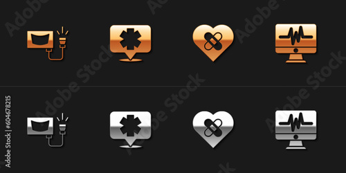 Set Ultrasound, Medical symbol of the Emergency, Healed broken heart and Monitor with cardiogram icon. Vector
