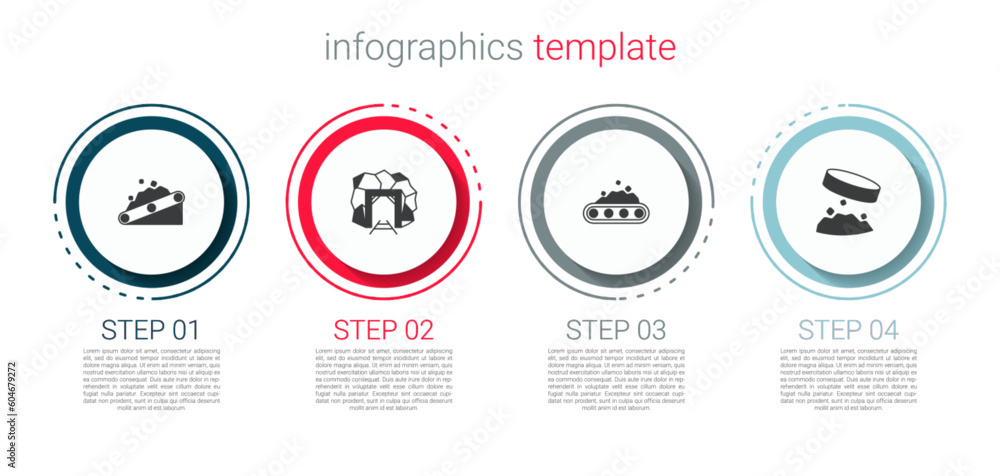 Set Conveyor belt carrying coal, Mine entrance, and Giant magnet holding iron dust. Business infographic template. Vector Set Conveyor belt carrying coal, Mine entrance, and Giant magnet holding iron dust. Business infographic template. Vector