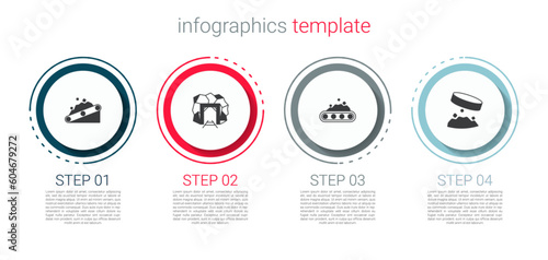 Set Conveyor belt carrying coal, Mine entrance, and Giant magnet holding iron dust. Business infographic template. Vector