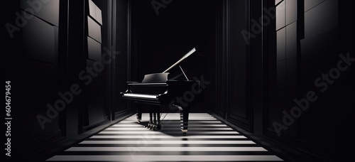 music studio with music instrument, piano in dark room, Generative Ai