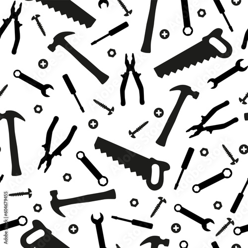 Vector silhouette repair instruments seamless pattern of renovation and building tools on white background. Screwdriver, hammer, carpenters saw, screws, pliers spanner. Pattern for mens holidays.