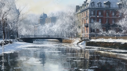 watercolor illustration of urban cityscape in winter season, snow fall cover town, Generative Ai