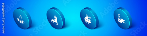 Set Isometric Hunting horn, Roasted turkey chicken, Medieval spear and Ancient viking boots icon. Vector