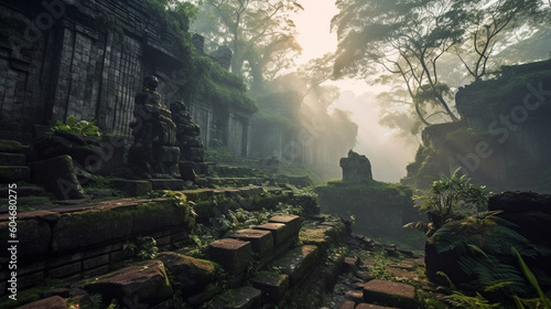 An ancient  weathered stone temple nestled amidst lush tropical forest