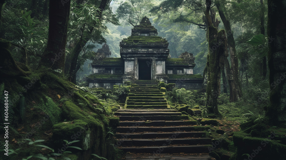 An ancient, weathered stone temple nestled amidst lush tropical forest An ancient, weathered stone temple nestled amidst lush tropical forest