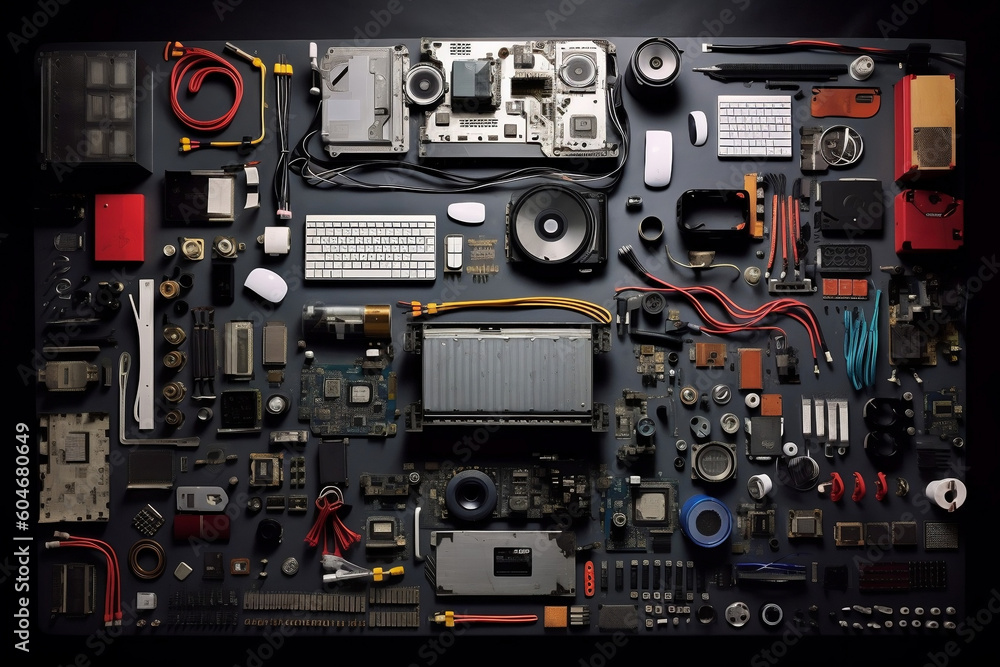 computer parts and hardware knolling made with Generative AI computer parts and hardware knolling made with Generative AI