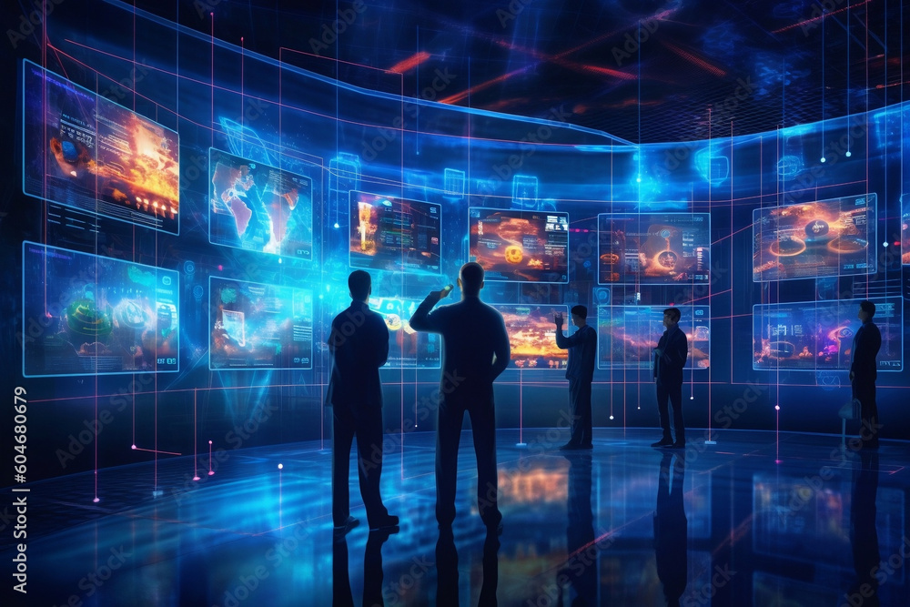 people standing in front of data science holograms made with Generative AI people standing in front of data science holograms made with Generative AI