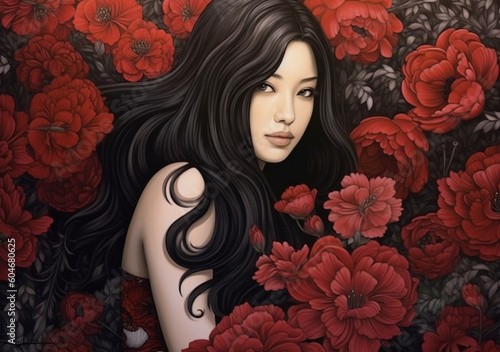 Very beautiful japanese woman  in her 20s  long black hair  smiling  zentangle pattern of biack and red flowers