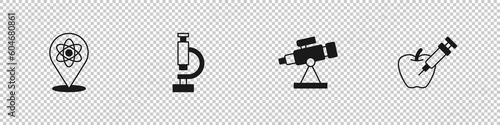 Set Atom, Microscope, Telescope and Genetically modified apple icon. Vector