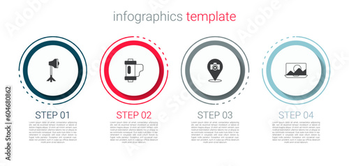 Set Studio light bulb in softbox, Camera film roll cartridge, Photo camera and retouching. Business infographic template. Vector