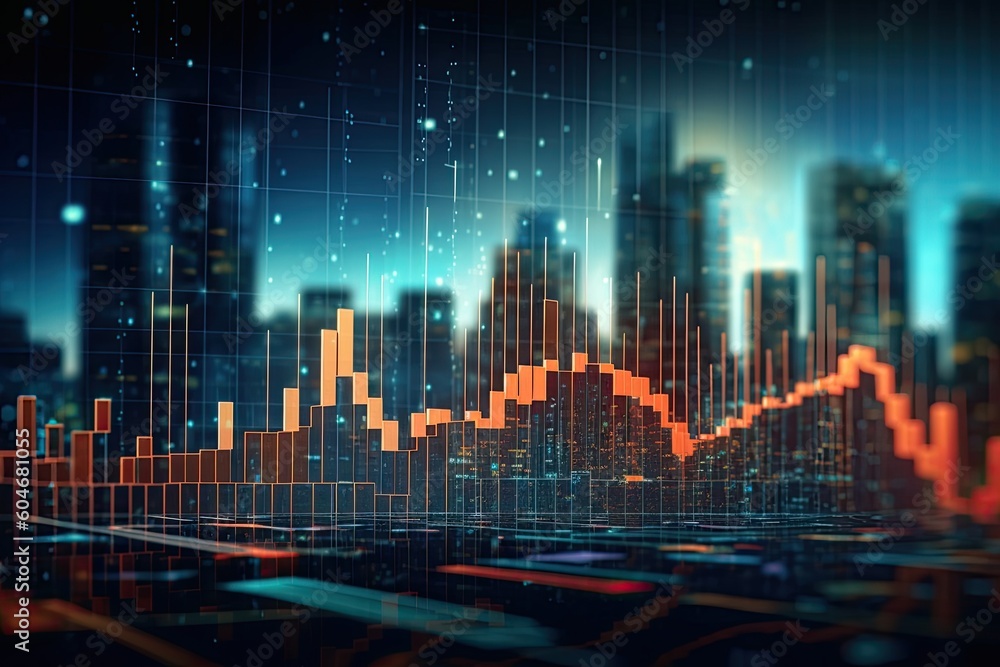 Perspective view of stock market growth, business investing and data concept with digital financial chart graphs, diagrams and indicators Perspective view of stock market growth, business investing and data concept with digital financial chart graphs, diagrams and indicators
