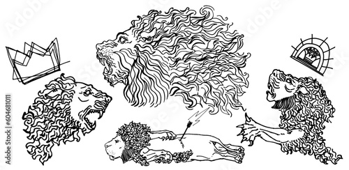 Recursos graficos de ilustraciones de leones con inspiracion de mesopotamia dibujadas a mano. Ilustración de escultura de línea para estampados de camisetas, carteles, pegatinas