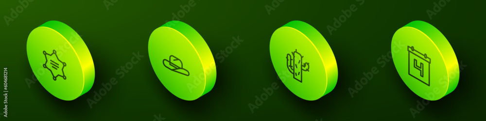 Set Isometric line Hexagram sheriff, Western cowboy hat, Cactus and Calendar with date July 4 icon. Vector Set Isometric line Hexagram sheriff, Western cowboy hat, Cactus and Calendar with date July 4 icon. Vector