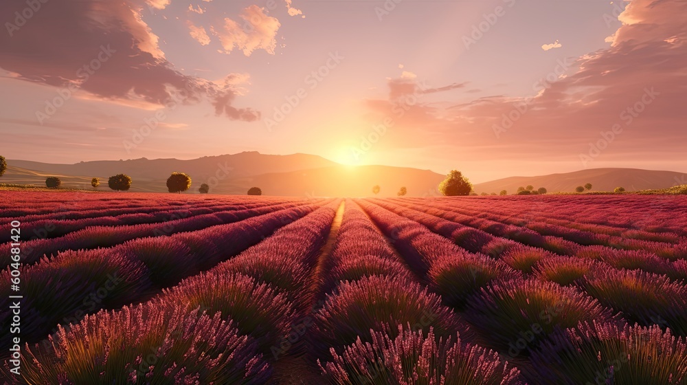 Fascinating summer landscape with blooming lavender fields at sunset. Generative ai