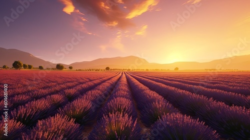 Fascinating summer landscape with blooming lavender fields at sunset. Generative ai