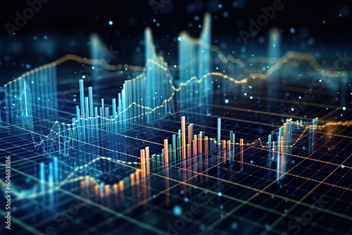Perspective view of stock market growth, business investing and data concept with digital financial chart graphs, diagrams and indicators photo