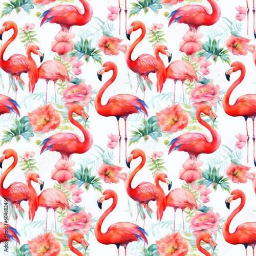 Seamless Pattern with Watercolor Flamingos