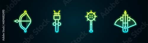 Set line Medieval bow and arrow, Torch flame, chained mace ball and Battle crossbow with. Glowing neon icon. Vector